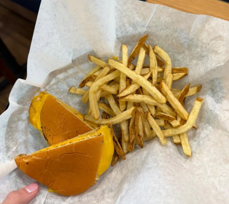 Burger and fries, overhead view