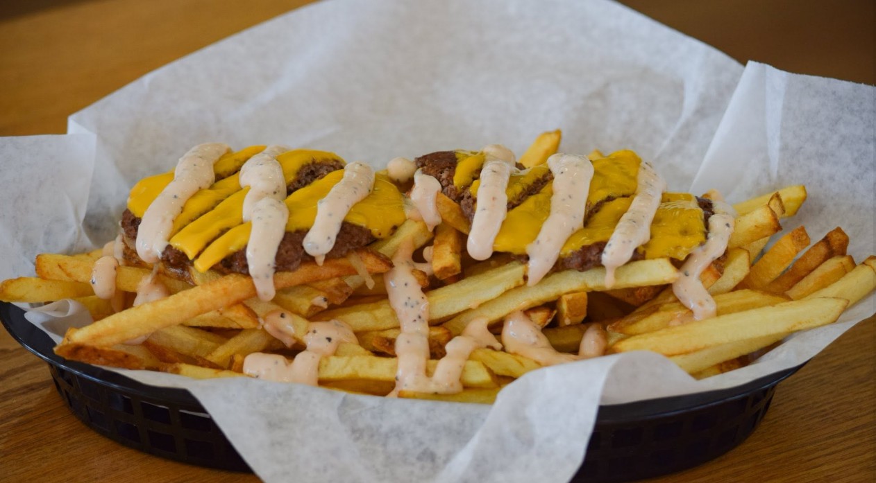 Large loaded fries with two beef patties
